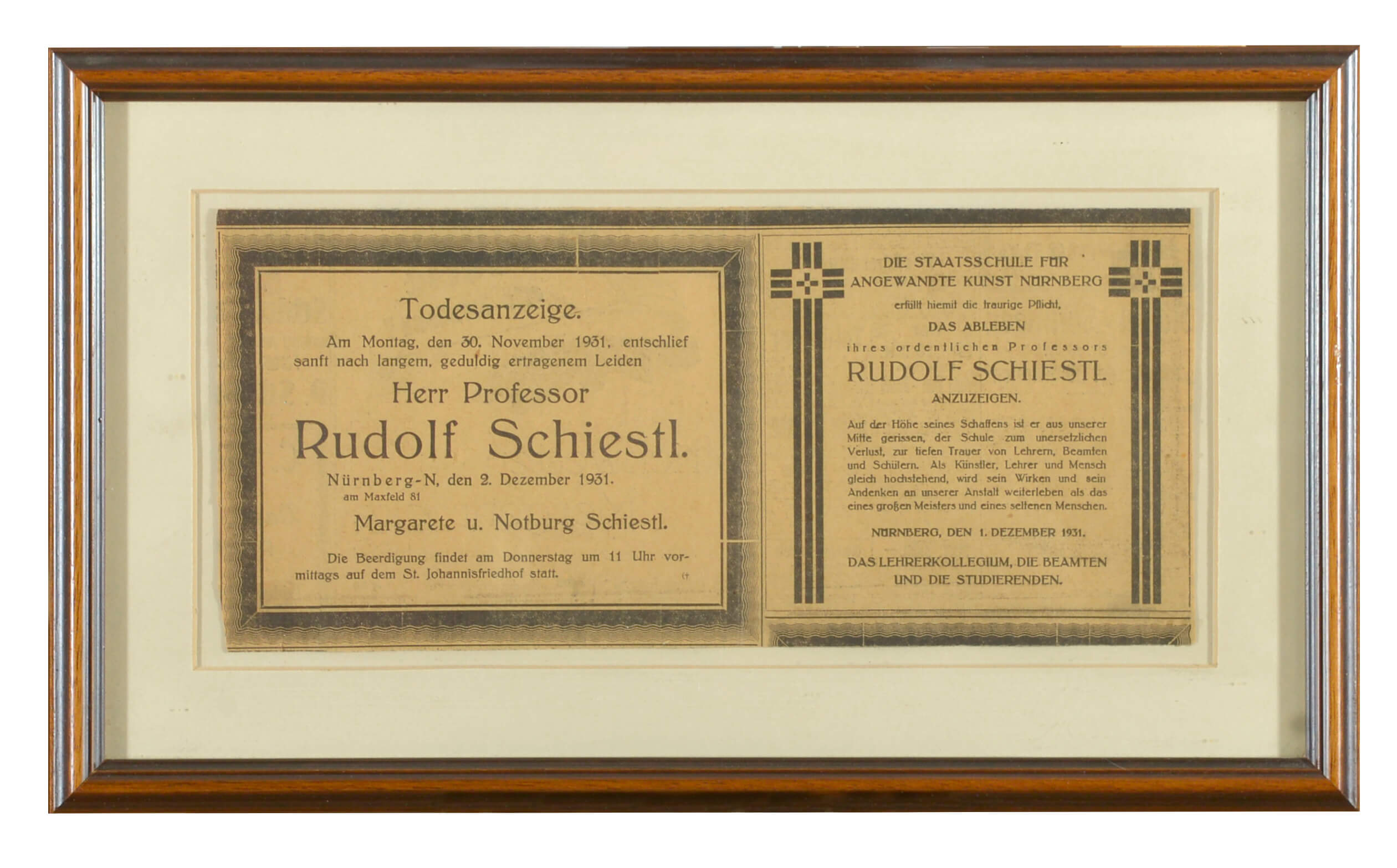 Rudolf Schiestl, Todesanzeigen, 1931
