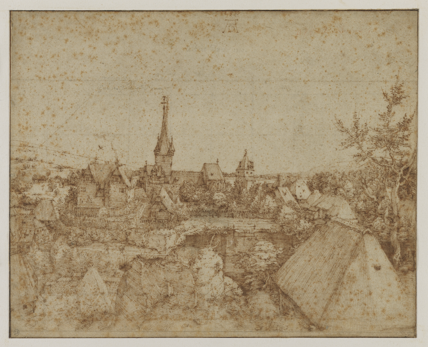 Albrecht Dürer: Das Kirchdorf, 1510, Federzeichnung, kfh0463, 21,1 x 26,3 cm, Reproduktion, Original im Musée Bonnat, Bayonne.