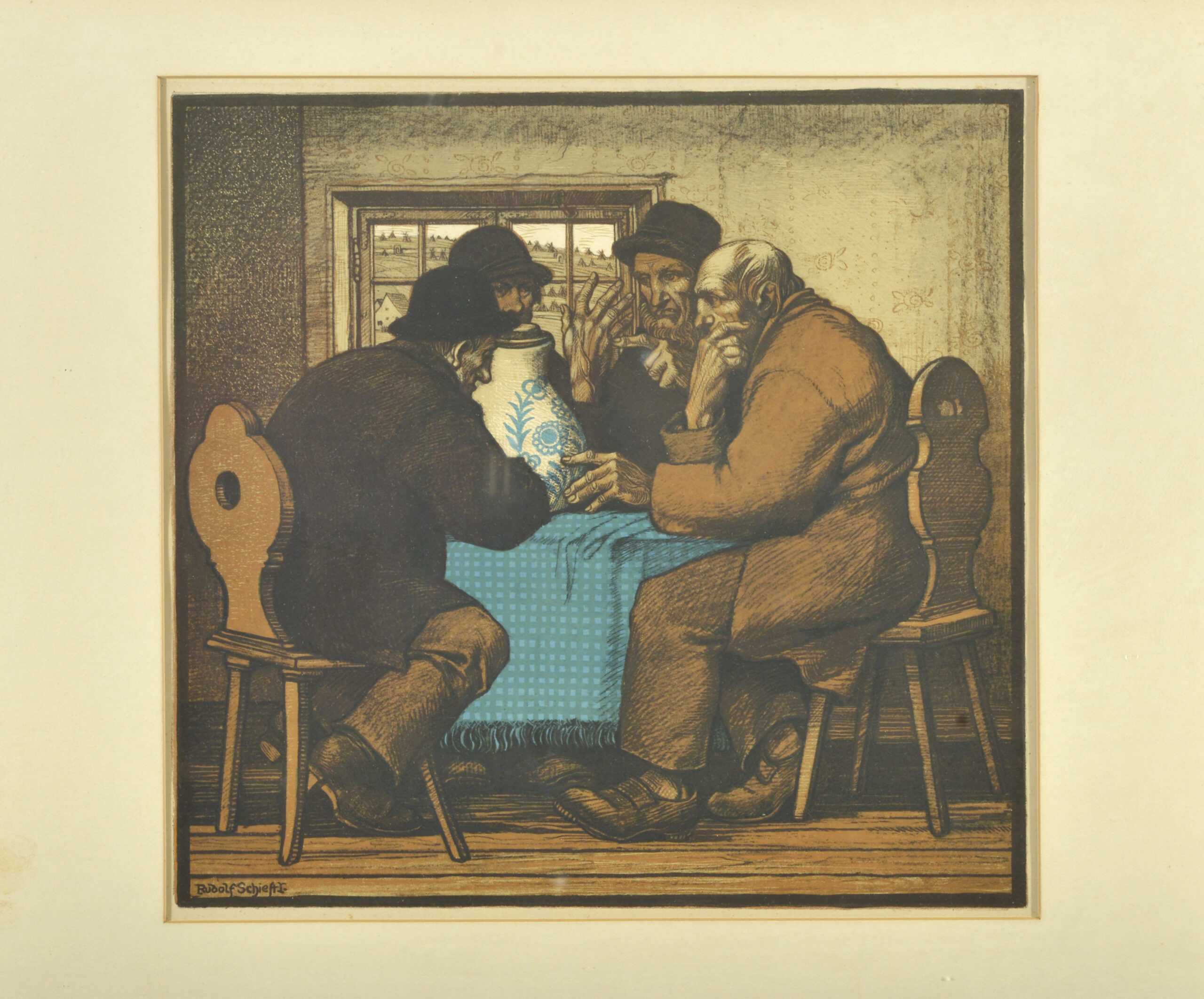 Rudolf Schiestl: Die Trinker, 1910, Lithografie, 5 0x 48,5 cm, kfh0149
