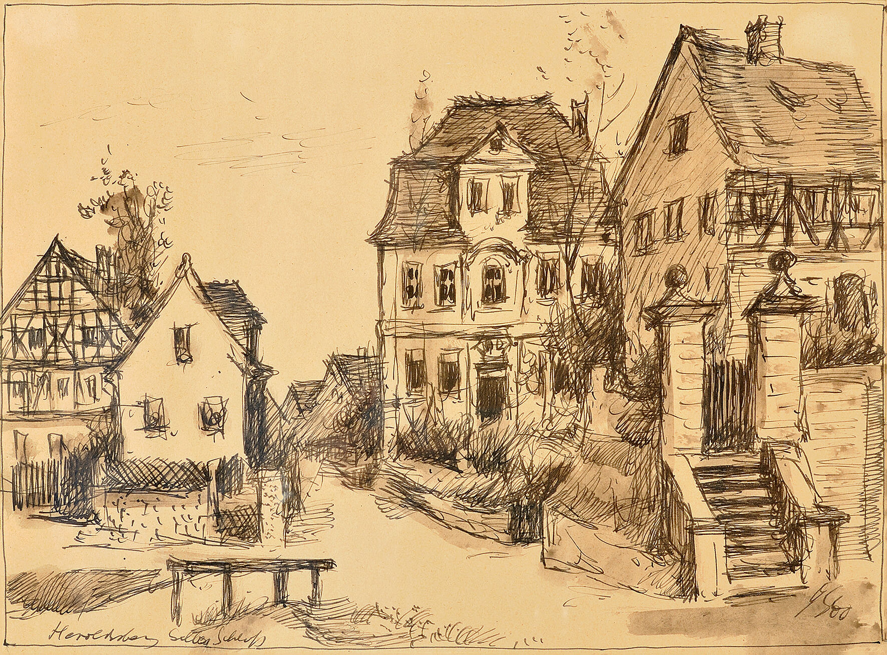 Georg Hetzelein: Gelbes Schloss mit Pfarrhaus, ca. 1960, kfh0063