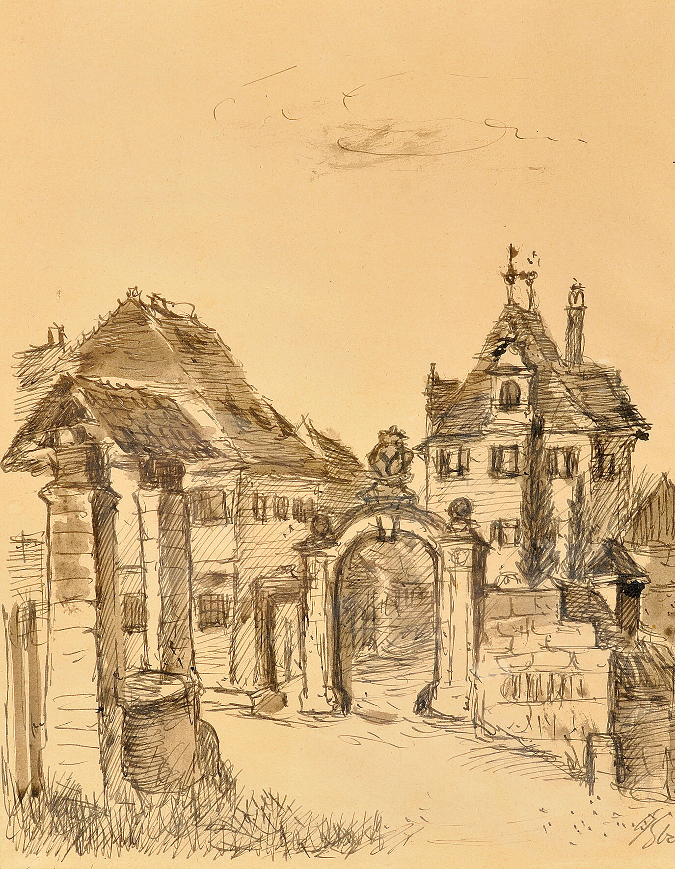 Georg Hetzelein: Rotes Schloss mit Ziehbrunnen am Oberen Markt, ca. 1960, kfh0062