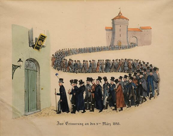 Protestzug der Heroldsberger, aquarellierte Bleistiftzeichnung, 1848, 34 x 42 cm, ebg0105