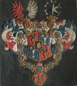 Wappen des Johann Georg v. Geuder-Rabensteiner mit Johanniterkreuz im Herzschild, Model aus Birkenholz, 1721, 21,5 x 21,8 x 5,2, ebg0393