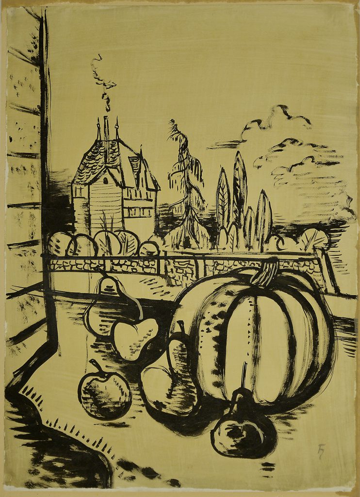 Fritz Heidingsfeld: Stillleben mit Kürbis, Blick auf das Rote Schloss, 1950er Jahre