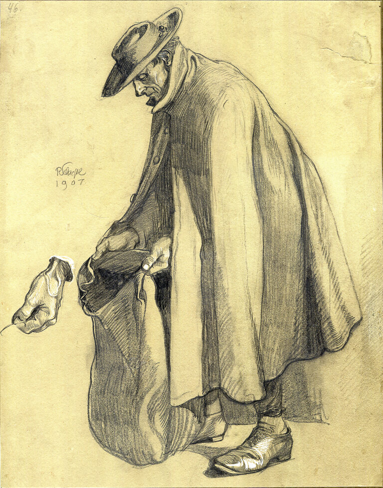 Rudolf Schiestl: Studie eines stehenden Mannes mit Umhang. 1907, 39x30,5 cm, Kreide, weiß gehöht auf Papier, kaschiert auf Karton, kfh0252