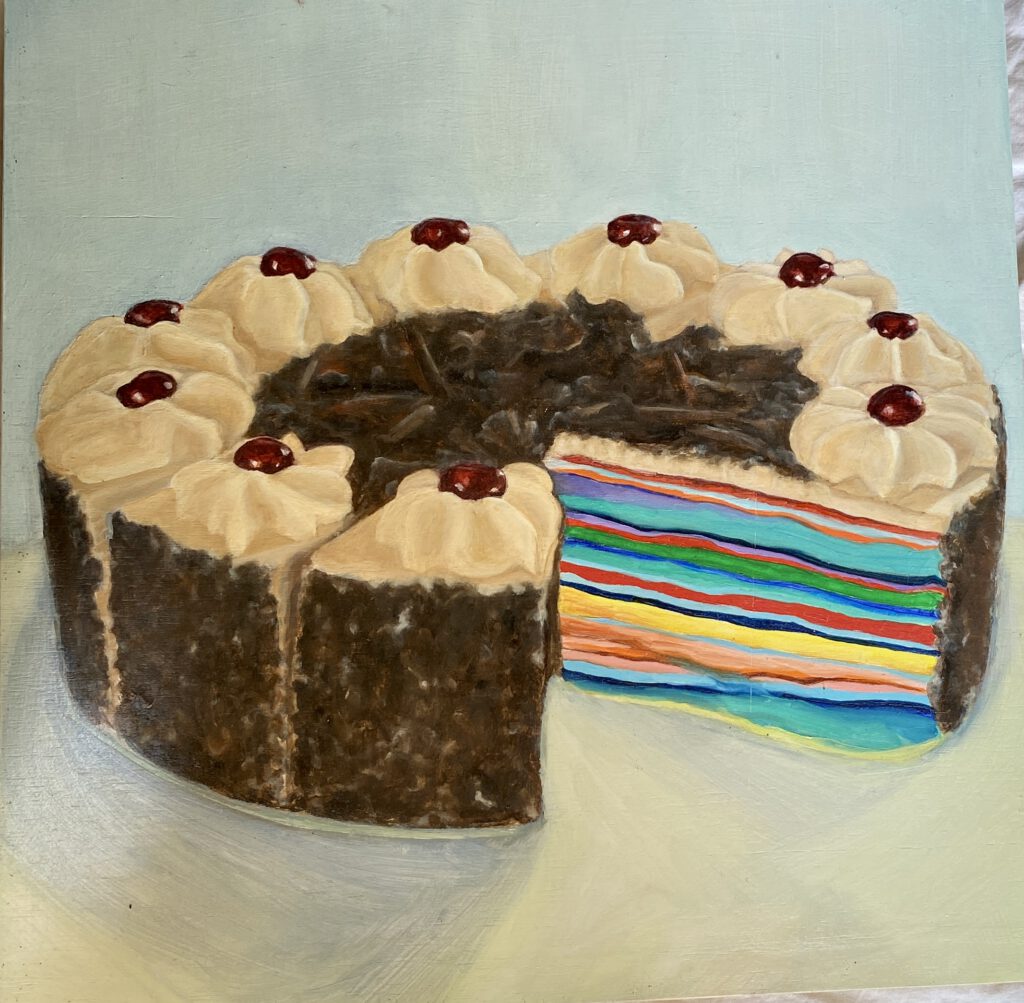 Jennifer Hauch, "Kirschtorte", 2016. Öl auf Holzpaneel