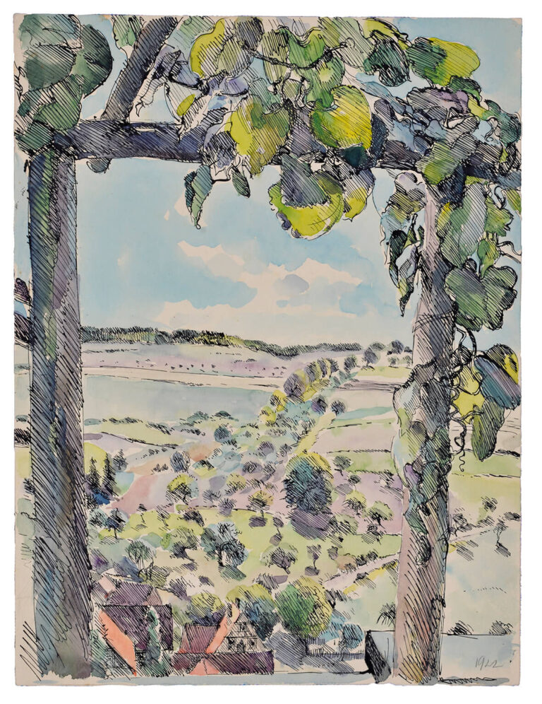 Fritz Griebl: Spalierobst Blick in die fränkische Landschaft 1922 ebg0121