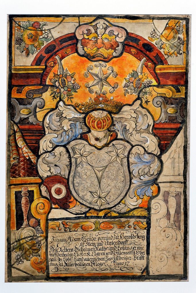 Wappenmalerei für ein Glasfenster Entstehungsjahr: Um 1710 | Technik: Tempera und Tusche auf Wachspapier | Maße: 70,5 x 48 cm | Weißes Schloss Heroldsberg, Inv. Nr. kfh0246 