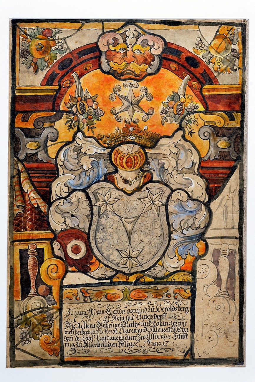Wappenmalerei für ein Glasfenster Entstehungsjahr: Um 1710 | Technik: Tempera und Tusche auf Wachspapier | Maße: 70,5 x 48 cm | Weißes Schloss Heroldsberg, Inv. Nr. kfh0246