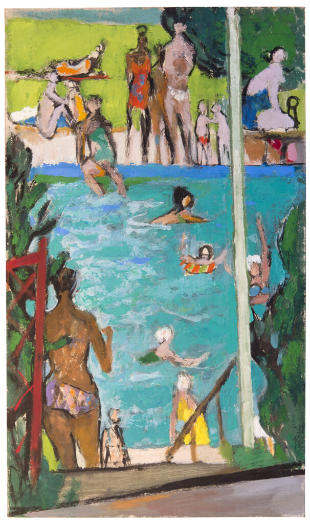 Eitel Klein: Im Schlossbad, um 1965, Öl- und Temperafarbe auf Hartfaserplatte, 88 x 51 cm, WSH, kfh0066